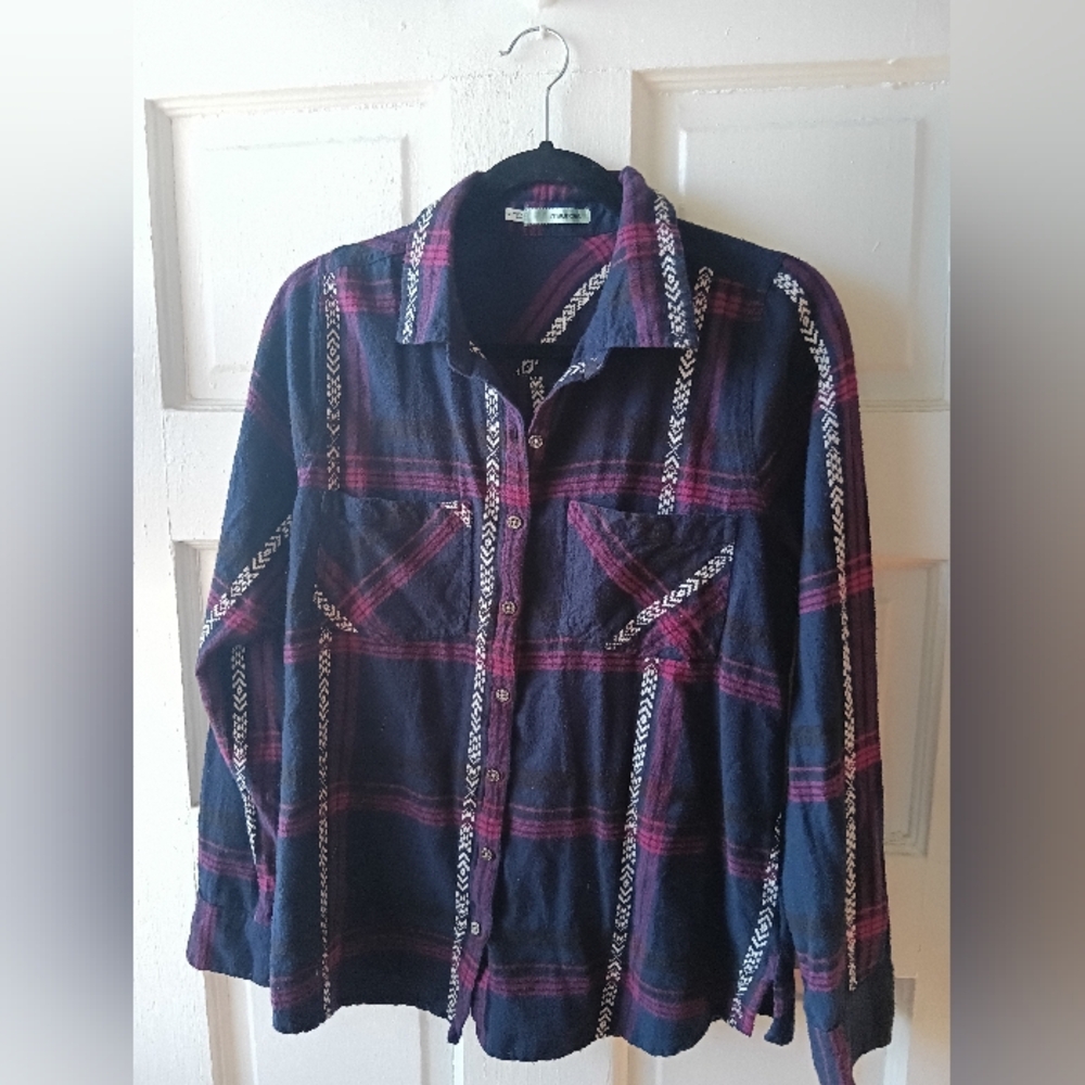 Navy Blue and Red Plaid Button Down Medium
